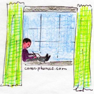 boy writing on a window bench